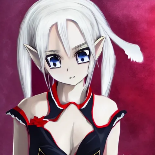 Prompt: white hair, red eyes, two small horn on the head, anime style, anime girl, elf ears