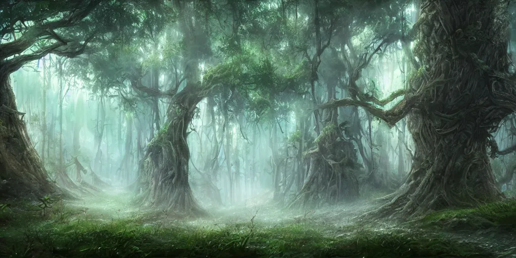 Image similar to beautiful matte painting of a fantasy forest