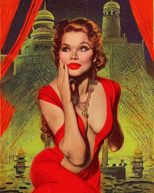 Prompt: tuesday weld visits the taj mahal by virgil finlay and basil gogos and francine van hove, bbwchan