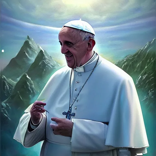 Prompt: a painting of pope francis in a new alien world, weird planet, futuristic, hd, 8 k, 4 k, ultra detailed, trending on artstation,