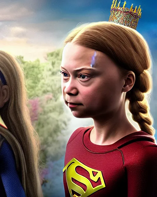 Image similar to highly detailed closeup, face profile portrait of greta thunberg as supergirl as a fairytale princess wearing a crown eating cakes in the castle, bikini, unreal engine, nicoletta ceccoli, mark ryden, earl norem, lostfish, global illumination, detailed and intricate environment