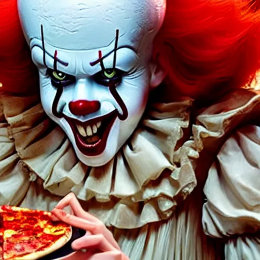 Prompt: A still of Pennywise eating a pizza, 4k, photograph, ultra realistic, highly detailed, studio lighting