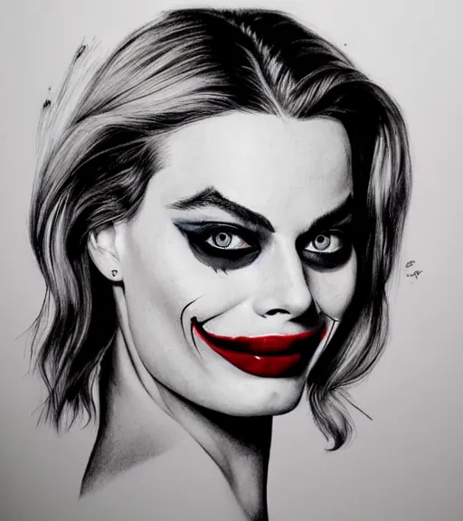 Image similar to margot robbie portrait with joker makeup, pencil drawing, realistic face, beautiful eyes, smiling, hyper realistic, highly detailed