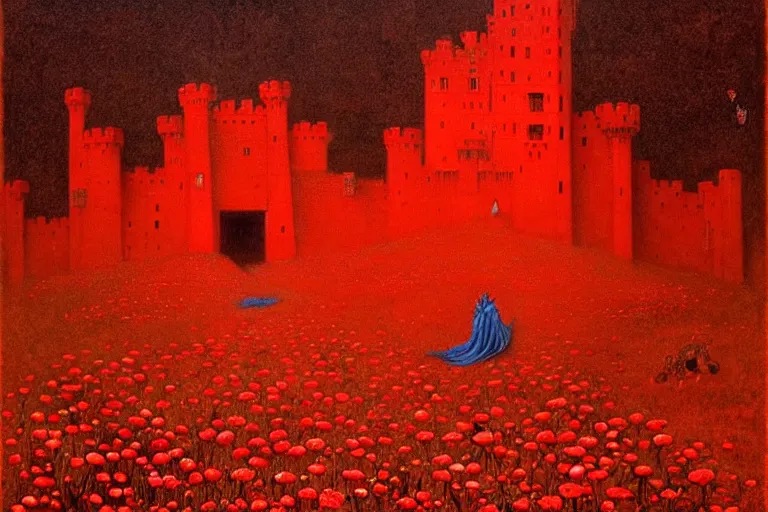 Image similar to only with red, red flowers of different types, a red tiger, a castle in the background, medieval demons dance over the flowers, an ancient path, in the style of beksinski, part by hopper, part by rodcenko, part by hofbauer, intricate composition, red by caravaggio, insanely quality, highly detailed, masterpiece, red light, artstation