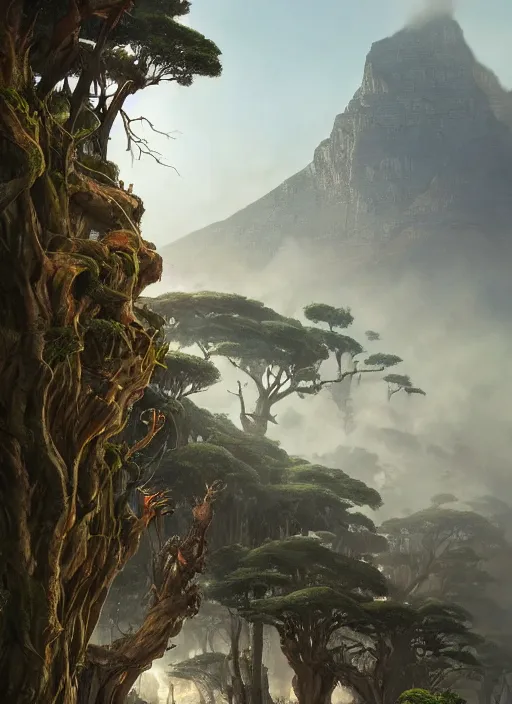 Image similar to hyper realistic robot attacking cape town city beautiful details, gnarly trees, strong composition, poster painted by greg rutkowski, concept art, arcane style, hearthstone wizards of the coast norman rockwell, james gurney and greg rutkowski weta studio, and lucasfilm and best of artstation