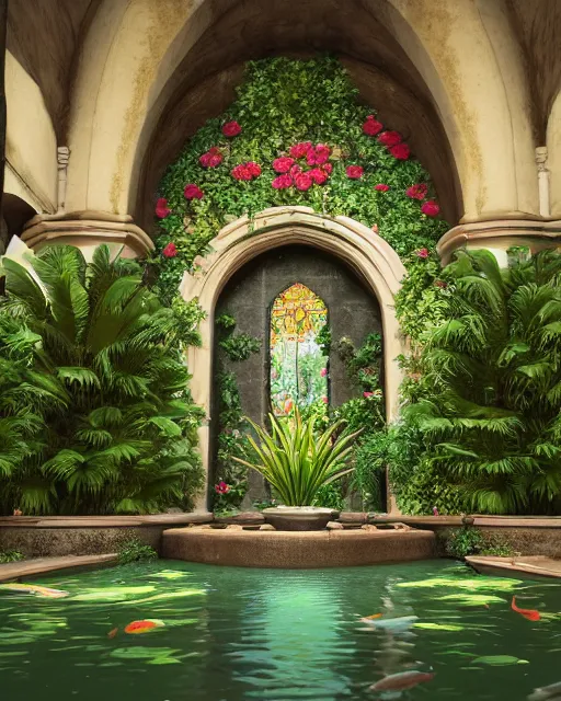 Image similar to cathedral interior with koi pond in the middle surrounded by palm trees, ivy, flowers, tropical plants, roses, and with archways. rendered in octane render with photorealistic lighting