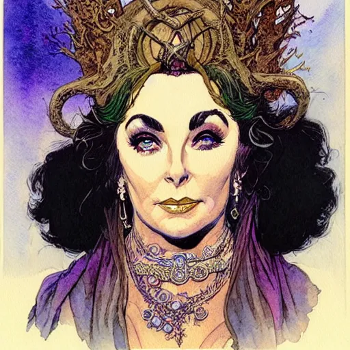 Image similar to a realistic and atmospheric watercolour fantasy character concept art portrait of elizabeth taylor as a druidic warrior wizard looking at the camera with an intelligent gaze by rebecca guay, michael kaluta, charles vess and jean moebius giraud