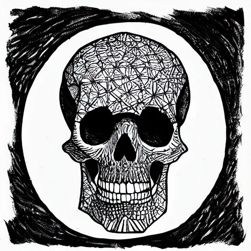 Image similar to tripping skull outline, black ink on white paper