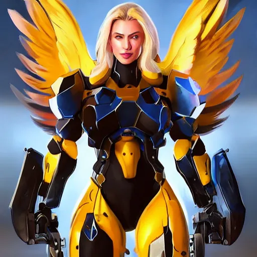 Image similar to a screenshot of arnold schwarzenegger as mercy in overwatch, angel wings, halo, portrait, fantasy, beautiful face, vivid colors, elegant, concept art, sharp focus, digital art, hyper - realistic, 4 k, unreal engine, highly detailed, hd, dramatic lighting by brom, trending on artstation