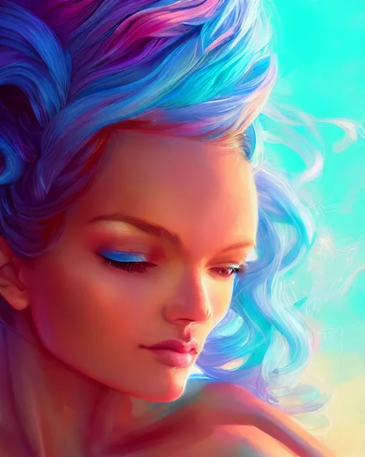 Image similar to summer vibes, beautiful sun tanned goddess portrait, flowy rainbow hair, sun, summer, cinematic lighting, highly detailed, digital painting, trending on artstation, pixiv, concept art, sharp focus, illustration, art by ross tran and wlop