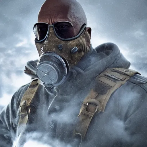Prompt: dwayne johnson, wearing a gas mask and arctic clothing, vaping thick clouds through the mask, close - up, hyper detailed 3 d matte painting, federico pela + greg rutkowski, hyper detailed 3 d render by unreal engine