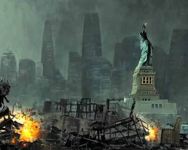 Image similar to Donald Trump destroying our democracy and the Statue of Liberty in Manhattan, post apocalyptic New York, craig mullins, dramatic lighting, very detailed