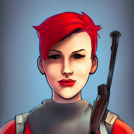Prompt: team fortress 2 pyro as a 23 year old woman with red hair. comic book art. high detail. pastel colors.