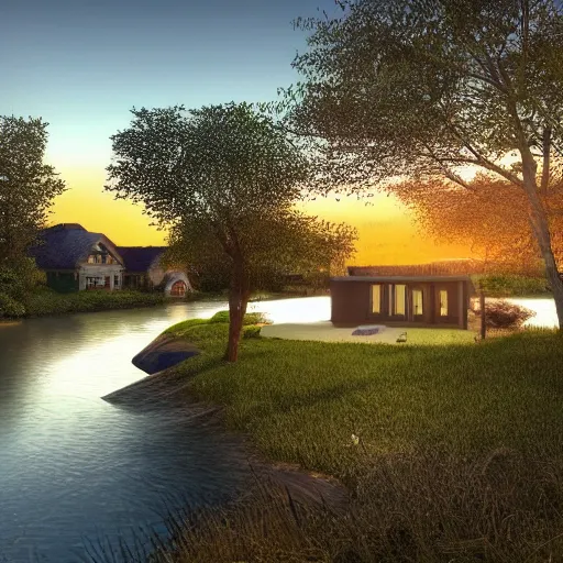 Prompt: a relaxing landscape with a singular house near a river at sunset in Pixar style