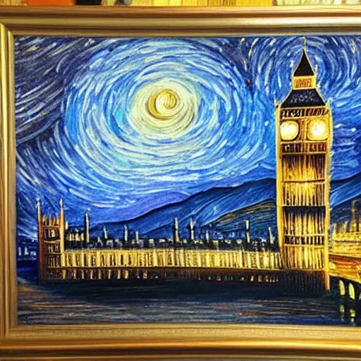 Prompt: A beautiful painting of the houses of parliament in style of starry night