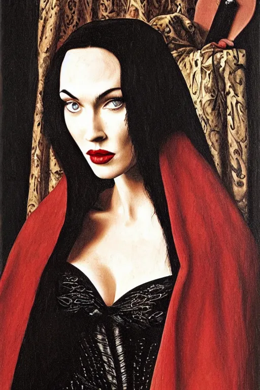 Image similar to portrait of megan fox as morticia addams, oil painting by jan van eyck, northern renaissance art, oil on canvas, wet - on - wet technique, realistic, expressive emotions, intricate textures, illusionistic detail