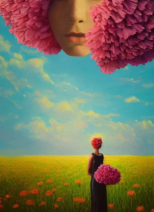 Image similar to portrait of a woman, face made of giant carnation, flower field, surreal photography, sunset dramatic light, impressionist painting, colorful clouds, large sky, digital painting, artstation, simon stalenhag