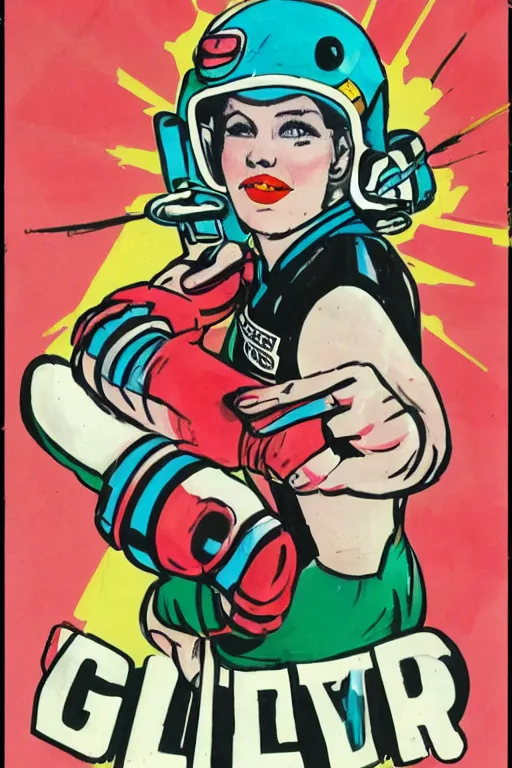 Prompt: roller derby girl portrait, logo, wearing helmet, both fists in the air, Frank Hampson, 1950s