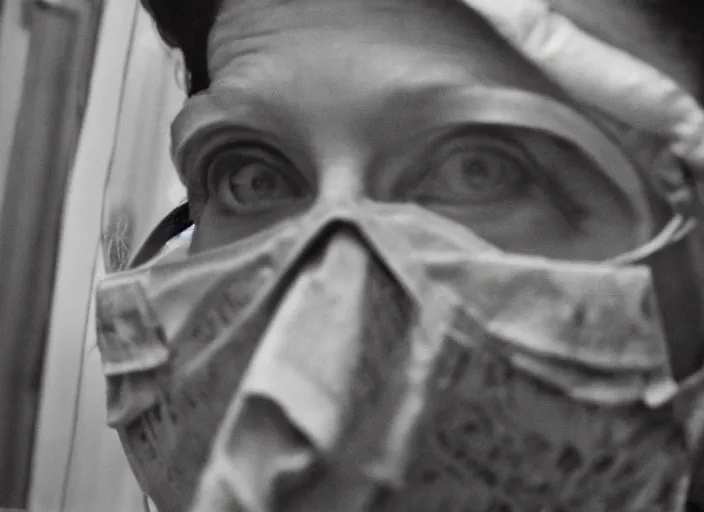 Image similar to cinematic mid shot of a high detail, vivian dorothy maier, with surgical mask. where's wally, line drawing by van gogh, and mother theresa