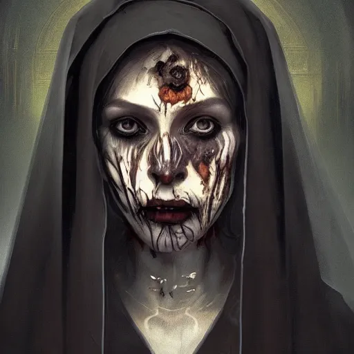 Image similar to A portrait of A zombie nun glowing black by greg rutkowski and alphonse mucha,In style of digital art illustration.Dark Fantasy.darksouls.hyper detailed,smooth, sharp focus,trending on artstation,4k