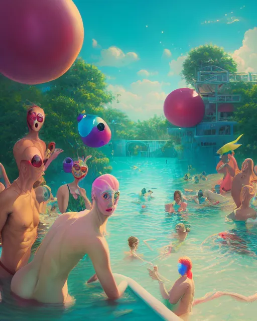 Prompt: highly detailed surreal vfx portrait of an anthropomorphic candy pool party, stephen bliss, unreal engine, greg rutkowski, loish, rhads, beeple, makoto shinkai and lois van baarle, ilya kuvshinov, rossdraws, tom bagshaw, global illumination, detailed and intricate environment