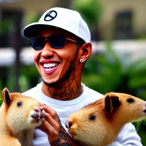 Image similar to an award winning photo of lewis hamilton holding a capybara, 4 k