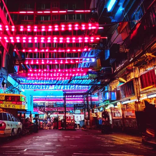 Prompt: timelapse of a tapei street, headlights, neon signs, Canon A1