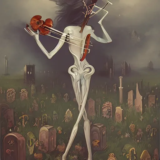 Prompt: Necromancer human with a violin standing in a field of tombs, Stylized illustration, by Peter Mohrbacher, background by Kelly Mckernan