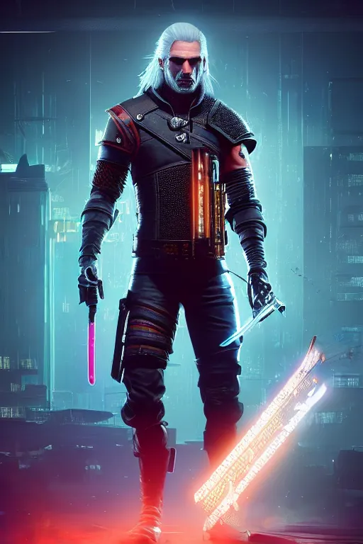 Prompt: geralt of rivia inside cyberpunk 2 0 7 7 with prosthetic blade arm dressed in cyberpunk clothes, medium shot, background is filled with neon lights and futuristic vehicles, trending on artstation, ultra realistic, 4 k