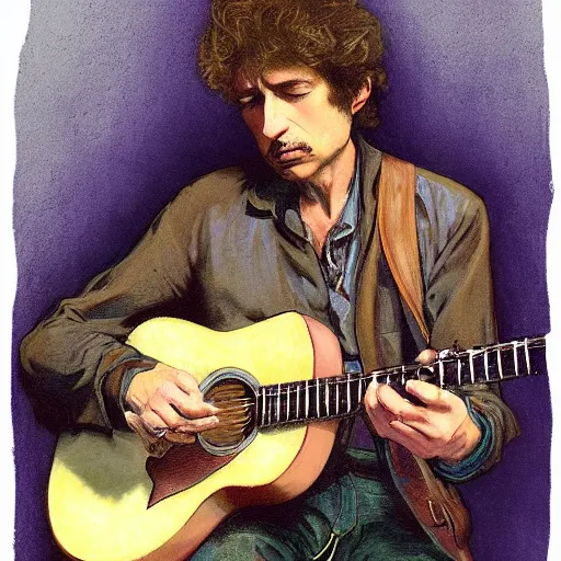 Image similar to character portrait of a rugged bob dylan playing his guitar in the fullham. f. c stadium, gothic, john singer sargent, muted colors, moody colors, illustration, digital illustration, amazing values, art by j. c. leyendecker, joseph christian leyendecker, william - adolphe bouguerea, graphic style, dramatic lighting, gothic lighting