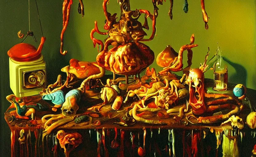 Prompt: disturbing colorful oil painting dutch golden age vanitas still life sparse composition interesting scaling with bizarre objects strange gooey transparent surfaces shiny metal reflections bizarre mutant meat insects rachel ruysch dali todd schorr very detailed perfect composition rule of thirds masterpiece canon 5 0 mm, cinematic lighting, photography, retro, film, kodachrome