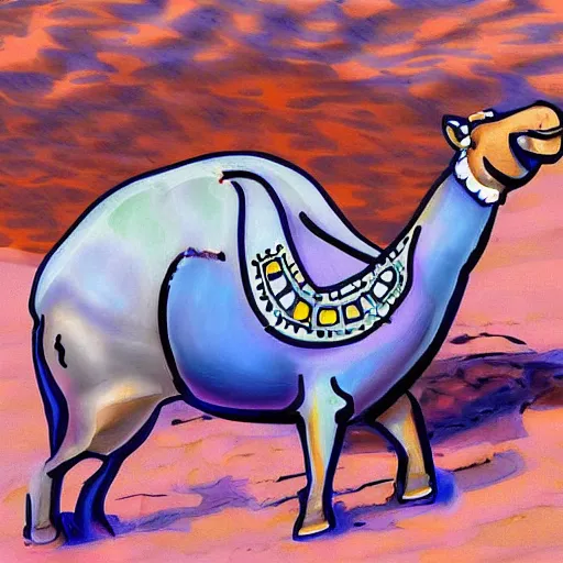 Prompt: a cartoon camel in a swimming suit!!!! on the beach, highly detailed digital painting