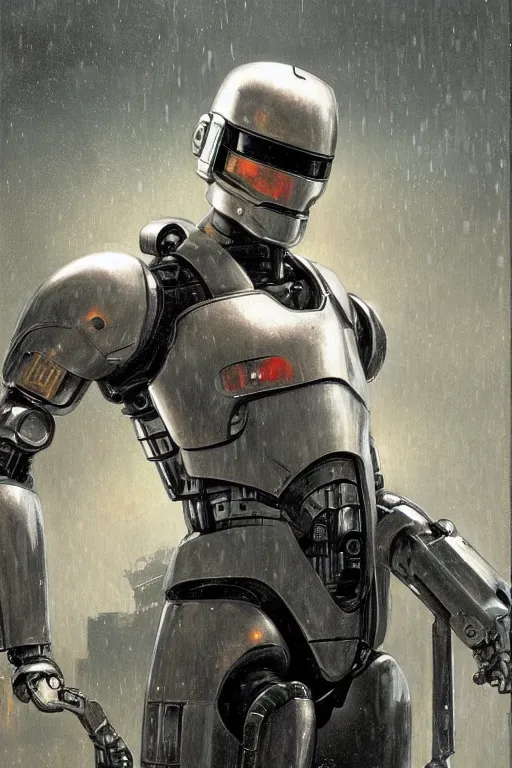 Image similar to Peter Weller as Robocop portrait, rainy Detroit by Stanley Artgerm Lau, greg rutkowski, thomas kindkade, alphonse mucha, loish, norman Rockwell