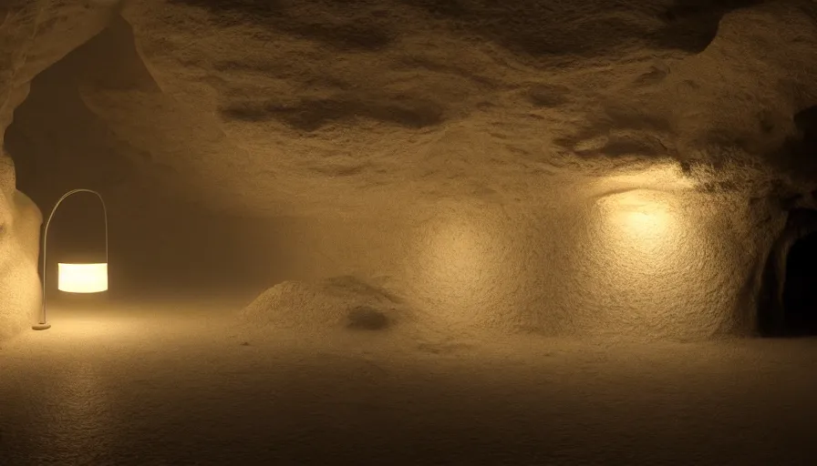 Image similar to japanese lamp inside a cave made of chalk, photorealistic rendering, atmospheric light, octane, redshift