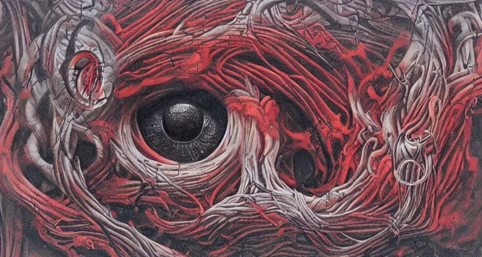 Image similar to a volcano made of ivory vines and crimson rocks enters in eruption, it spits a smoke in the shape of demonic eye, by HR Giger