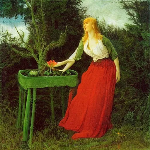 Prompt: painting by Caspar David Friedrich of a beautiful blonde woman with shoulder length hair in a forest green dress putting colorful succulents into rainbow pots at a square table