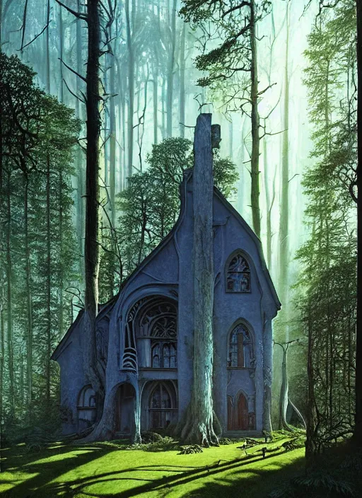 Image similar to hyper realistic witchy modern gothic house with mood lighting and tech in the woods gorgeous lighting, sunbeams blue sky, highly detailed, lush forest foliage painting by zdzisław beksinski and norman rockwell and greg rutkowski weta studio, and lucasfilm