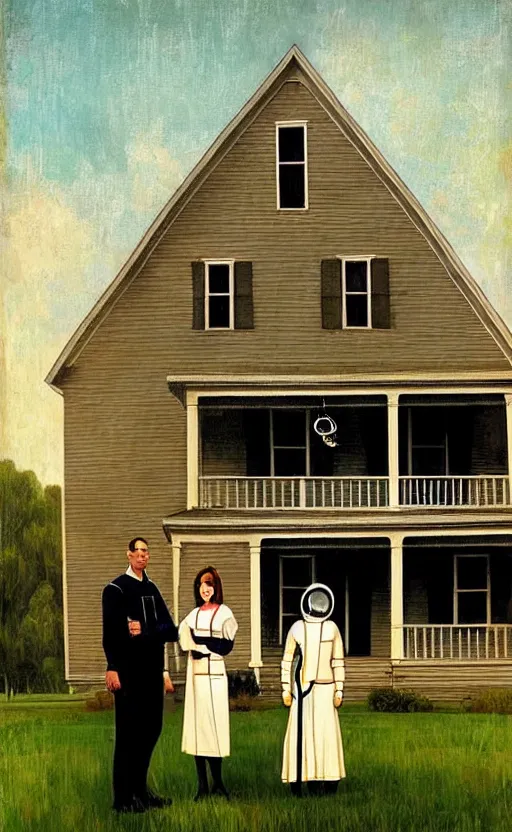 Prompt: an astronaut couple in front of farm house American Gothic style, spaceship in background, 8k, digital art, drawn by j.c. leyendecker, amazing quality