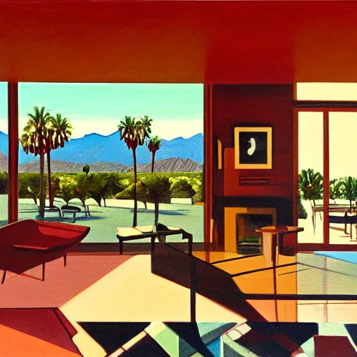 Image similar to an oil painting of the interior of a mid century modern house designed by both frank lloyd right and richard sera in palm springs