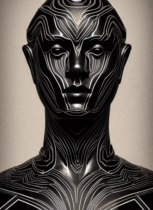 Image similar to stylized onyx black gold lines ornate statue full body made of marble of judas, perfect symmetrical body, perfect symmetrical face, hyper realistic, hyper detailed, by johannen voss, by michelangelo, octane render, blender, 8 k, displayed in bright studio room art deco