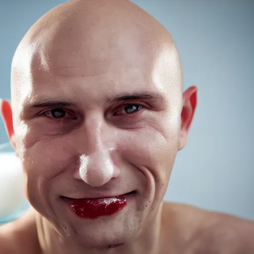 Prompt: close up photo of a bald crimean man with yoghurt on his face