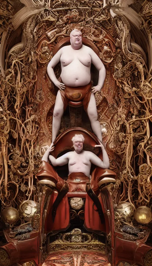 Image similar to Kenneth McMillan as baron harkonnen with red hair dressed in a leather spacesuit standing in front of a giant throne in a huge ornate baroque futuristic room with a low ceiling, marble pillars, beautiful tiled floor, inspired by leyendecker, zdzislaw beksinski, giger, lawrence alma-tadema, 4k, dune concept art, sung choi, artstation photoreal, subdued colours, highly detailed