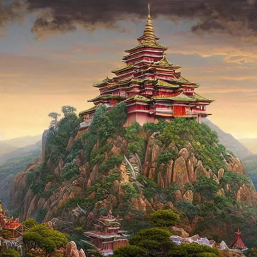 Image similar to a beautiful and highly detailed matte painting of a colorful yet humble buddhist temple and fort built of large stones in the distance high in the most epic mountains ever, intricate details, epic scale, insanely complex, 8 k, sharp focus, hyperrealism, very realistic, by caspar friedrich, greg rutowski, james gurney, hudson river school