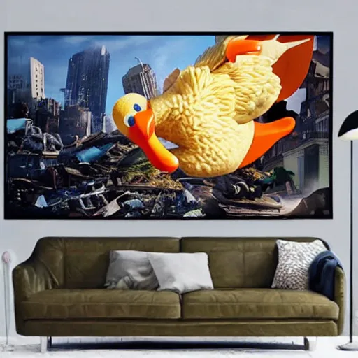 Image similar to An ultra realistic photo of a giant duck destroying a city, award winning, 8k, ultra detailed