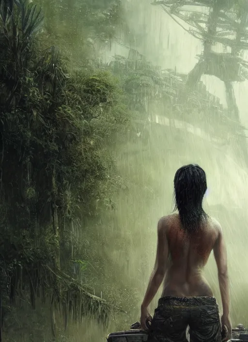 Prompt: a tribal woman from behind, in front of the aircraft carrier USS Nimitz overgrown with lush vegetation, lush rain forest, post appocalyptic, by Luis Royo, by Greg Rutkowski, dark, gritty, intricate, backlit, strong rim light, cover illustration, concept art, volumetric lighting, volumetric atmosphere, sharp focus, octane render, trending on artstation, 8k