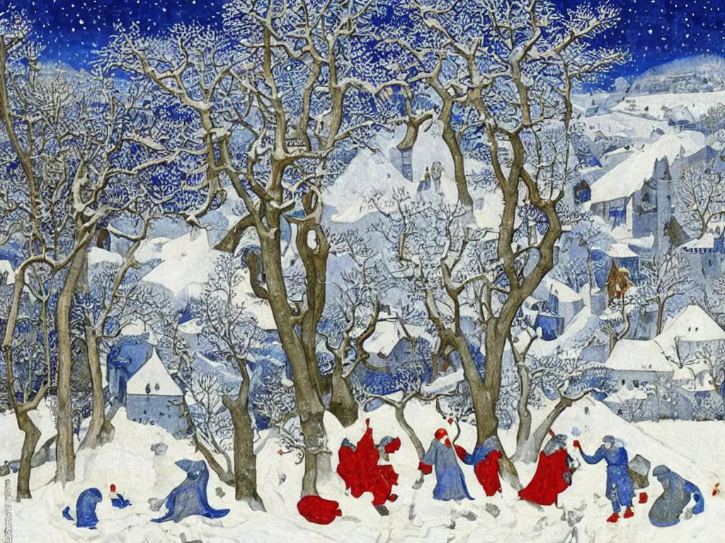 Image similar to winter scene with dragon. painting by limbourg brothers