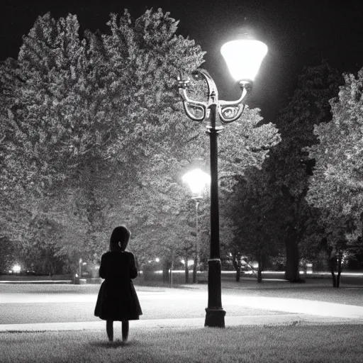 Image similar to a girl reading a book, city park, street lighting, by Emmanuel Lubezki