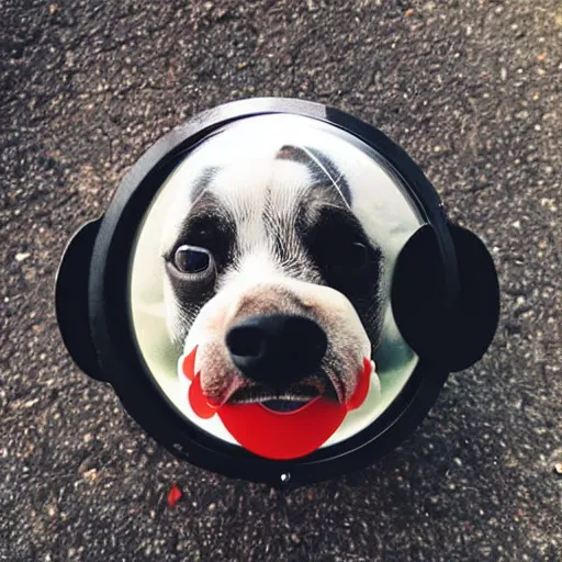 Image similar to fisheye lens photo of a dog wearing a fake moustache