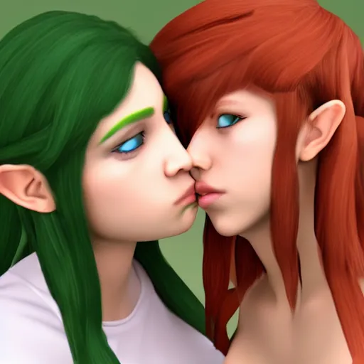 Image similar to female link and malon kissing, realistic, 3 d