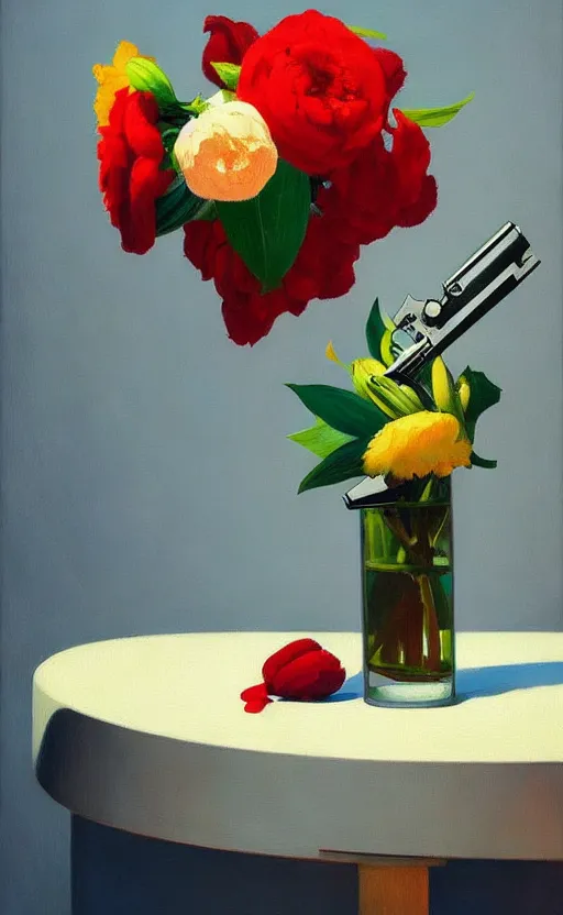 Image similar to beautiful still life featuring blooming flowers and a hand gun, very coherent, painted by Edward Hopper, painted by James Gilleard, airbrush, art by JamesJean